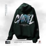 Stylish black hoodie with colorful "Cartel" print, perfect for streetwear fashion.