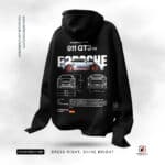 Black Porsche 911 GT3 RS hoodie featuring car specifications, diagram, and vibrant logo design.