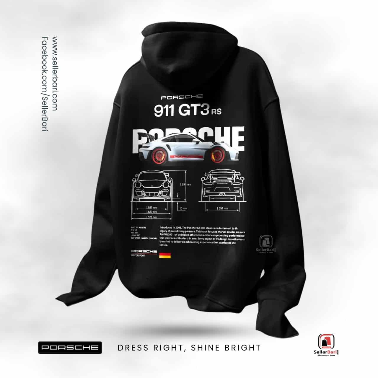Porsche 911 GT3 hoodie with car diagram and branding details. Black Porsche 911 GT3 RS hoodie featuring car specifications, diagram, and vibrant logo design.