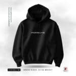 Black Porsche hoodie with sleek logo, comfortable fit, perfect for car enthusiasts and casual wear.
