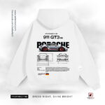Porsche 911 GT3 RS hoodie featuring a realistic car image, technical diagram, and branding for car enthusiasts.