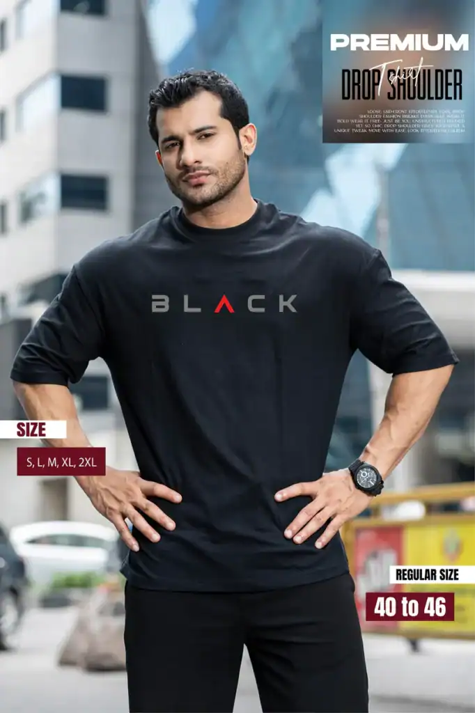 Drop Shoulder Typography T-Shirt - Black Design