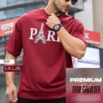 Drop Shoulder Typography T-Shirt - Paris Design Maroon