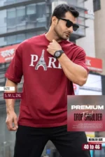 Drop Shoulder Typography T-Shirt - Paris Design Maroon