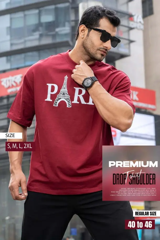 Drop Shoulder Typography T-Shirt - Paris Design Maroon
