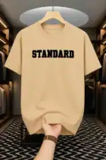 Drop Shoulder Typography T-Shirt - Standard Design Beige